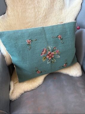 Embroidered Floral Needlepoint Pillow in Teal, reverse to floral cotton
